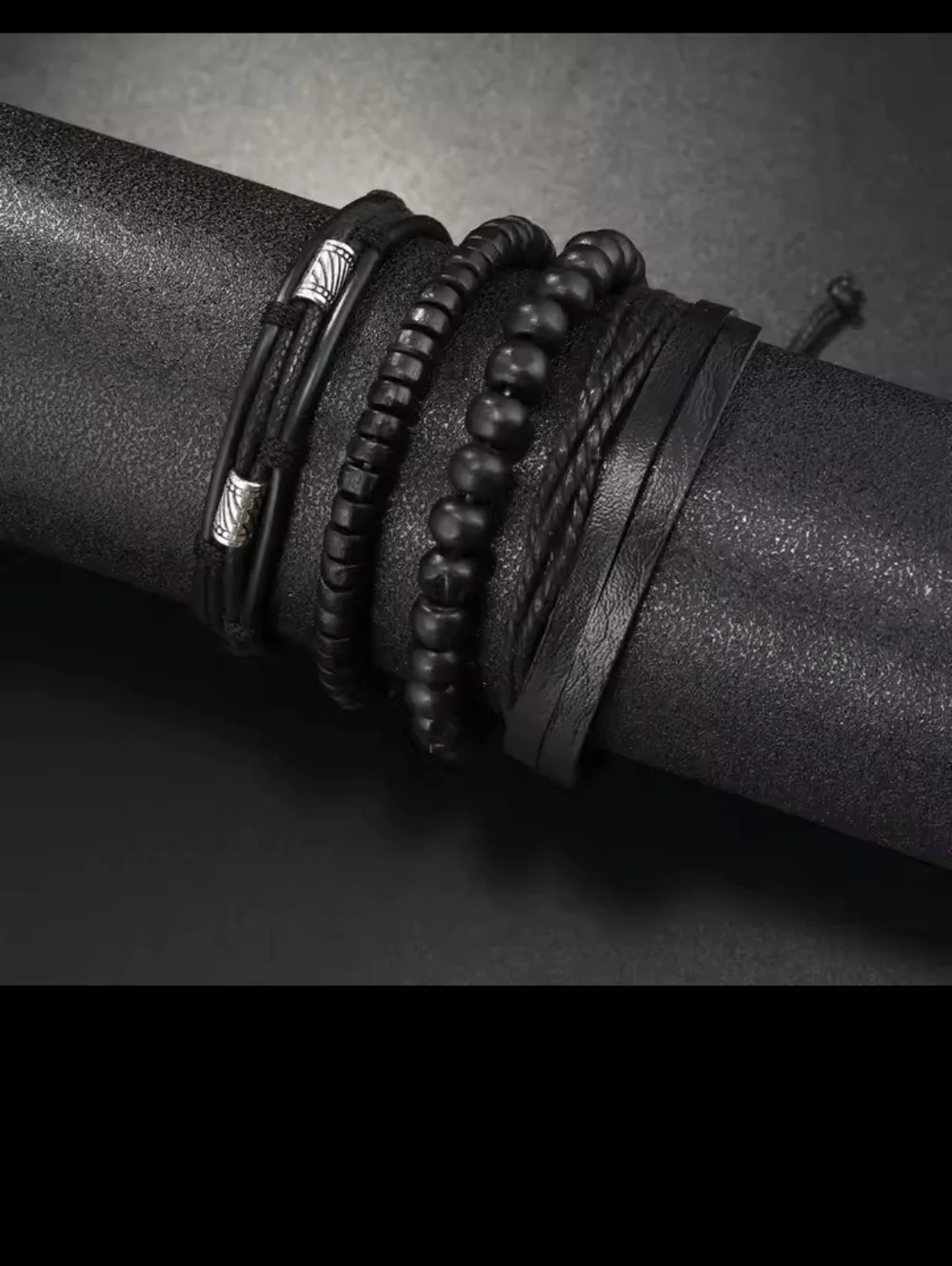 Men's Bracelets Set Leather 4pc Braided Beaded‎ Black Jewelry New G1